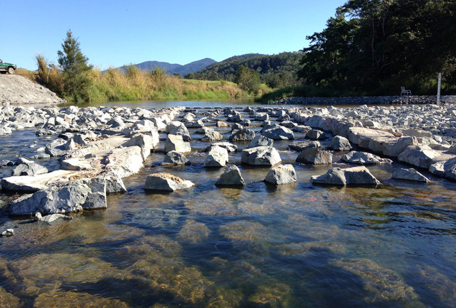 Completed Clews Road fishway after being opened following concreting