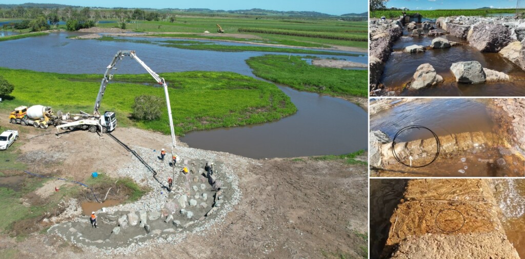 Rock ramp fishway or Fishladder construction by CS Environmental with novel nursery slot fish passage design for post larvae and leptocephalus fish life stages