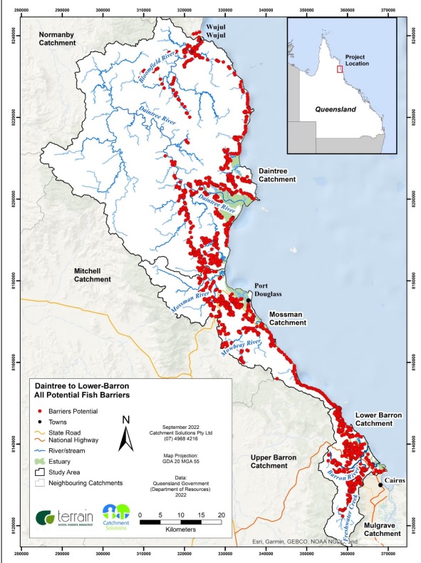 Fish barrier prioritisation map created by CS Environmental for the Daintree, Barron, Mowbray, Bloomfield rivers in Wet Tropics, north Queensland, Australia