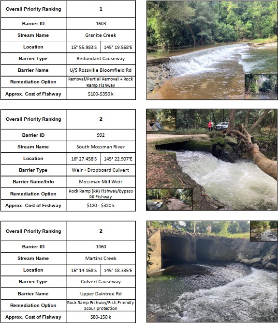 Top ranking fish barriers in the Wet Tropics, Queensland, identified by CS Environmental at weirs and culverts in Mossman, Daintree rivers