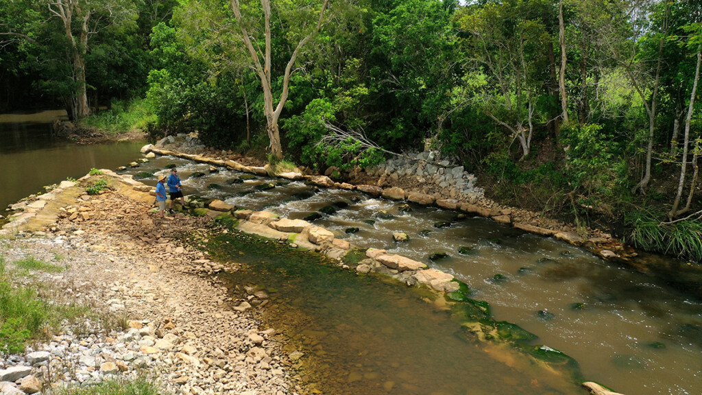 Lagoon Creek Rock ramp Fishway constructed by CS Environmental completed and flowing
